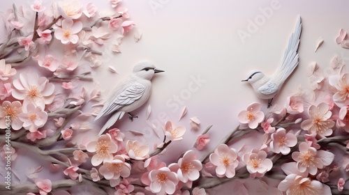 3d wallpaper design with little flowers and birds for photomural photo