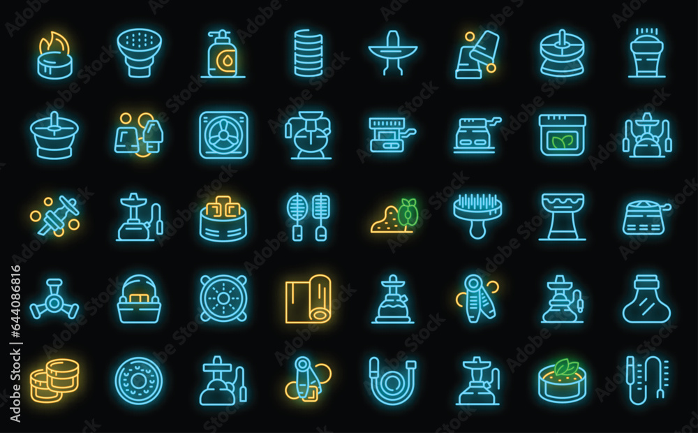Hookah accessories icons set outline vector. Menu lifestyle. Box leaves neon color on black Hookah accessories icons set outline vector. Menu lifestyle. Box leaves neon color on black
