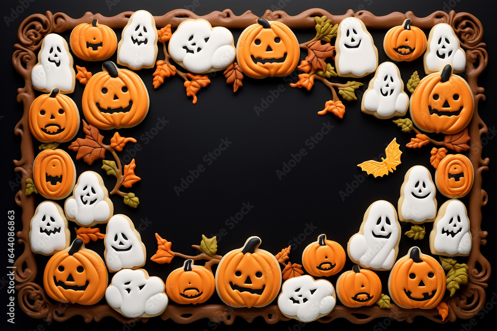 Frame with Halloween motif made of cookies, decorated with jack-o'-lanterns and ghosts, white inside the frame. Frame with Halloween motif made of cookies, decorated with jack-o'-lanterns and ghosts, white inside the frame.