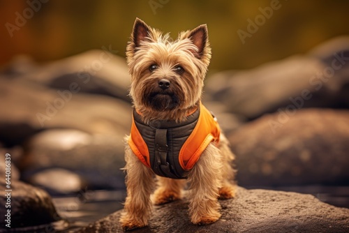 Lifestyle portrait photography of a happy cairn terrier wearing a swimming vest against a rustic brown background. With generative AI technology © Markus Schröder