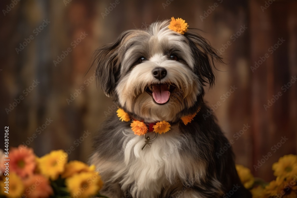 Medium shot portrait photography of a smiling lowchen dog wearing a floral collar against a rustic brown background. With generative AI technology