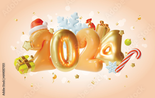 3d Happy New Year 2024 Concept Background Golden Metal Number Cartoon Style. Vector illustration of Metallic Gold Balloons