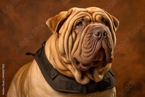 Headshot portrait photography of a funny chinese shar pei dog wearing a swimming vest against a rustic brown background. With generative AI technology