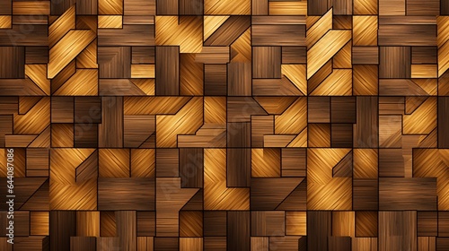 Fototapeta Naklejka Na Ścianę i Meble -  3D Wallpaper in the form of imitation of decorative mosaic of wood colored details and gold decor. High quality seamless realistic texture