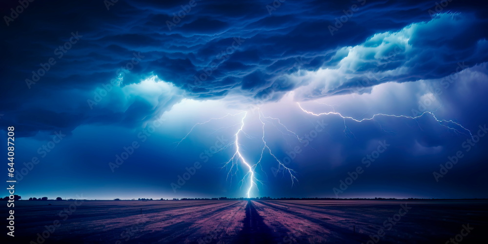 stormy sky and a powerful lightning that breaks the dark clouds. Generative AI stormy sky and a powerful lightning that breaks the dark clouds. Generative AI