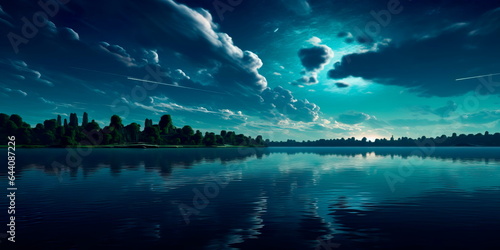 calm lake, where the surface of the water reflects a huge sky with bright stars. Generative AI