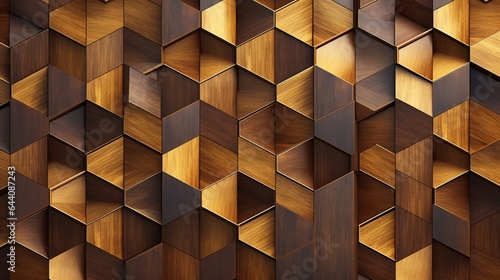 3D Wallpaper in the form of imitation of decorative mosaic of wood colored details and gold decor. High quality seamless realistic texture
