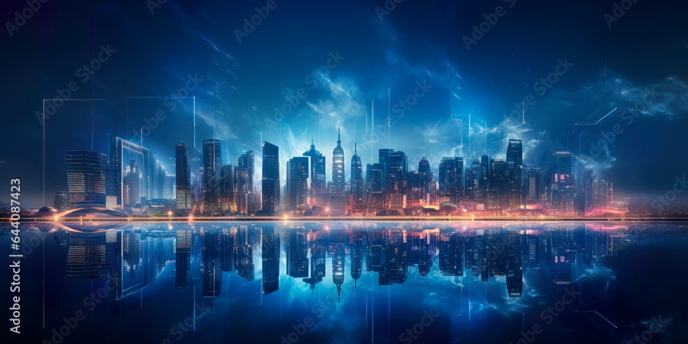 city skyline at night with illuminated buildings representing global economic hubs and centers of power. Generative Ai