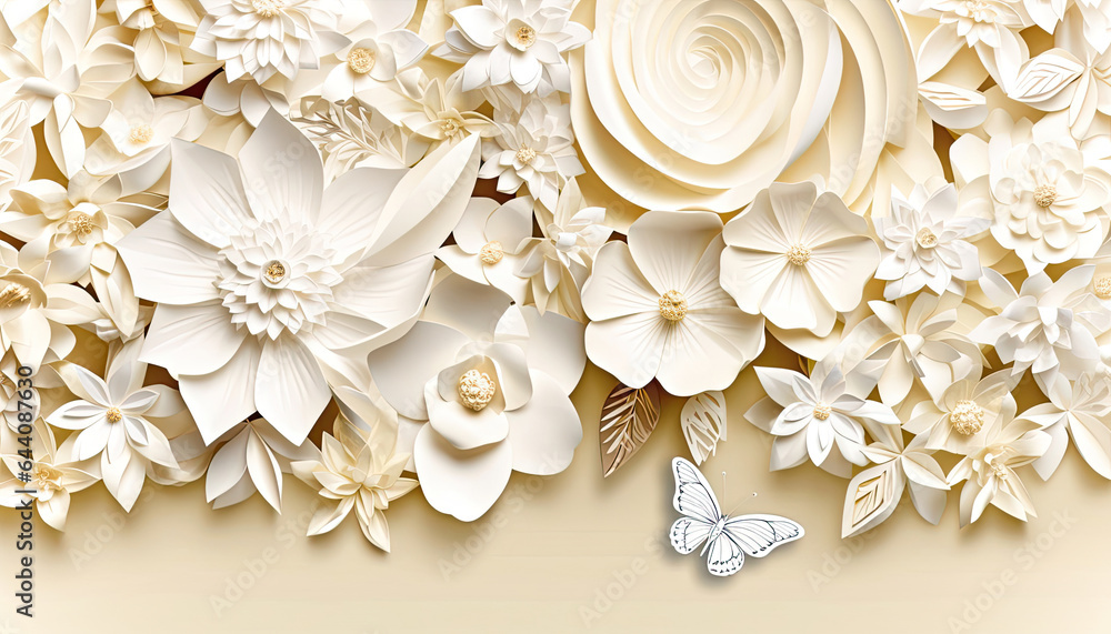 White and beige Floral and Butterfly Background in Soft and Dreamy Style