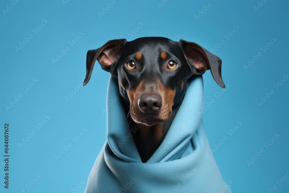 Medium shot portrait photography of a happy doberman pinscher wearing a doctor costume against a soft blue background. With generative AI technology Medium shot portrait photography of a happy doberman pinscher wearing a doctor costume against a soft blue background. With generative AI technology