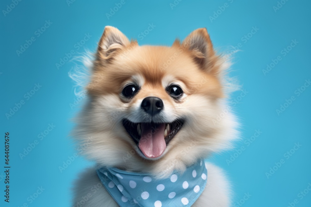 Conceptual portrait photography of a happy pomeranian wearing a polka dot bandana against a soft blue background. With generative AI technology