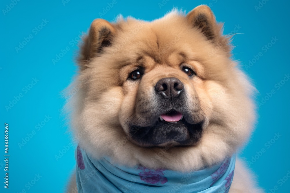 Group portrait photography of a cute chow chow dog wearing a cooling bandana against a soft blue background. With generative AI technology