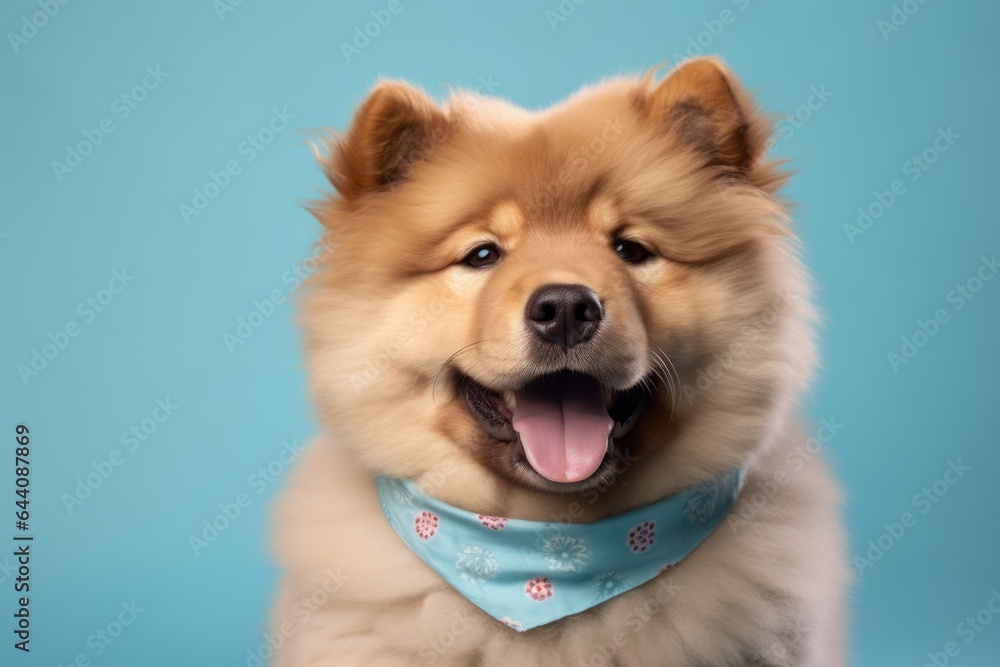 Group portrait photography of a cute chow chow dog wearing a cooling bandana against a soft blue background. With generative AI technology