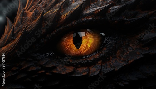 Golden eye of the dragon, dragon eye is staring, glowing in the dark. Fantasy eye burning our soul and consciousness. Concept of dragon energy, spirituality, vibrations.