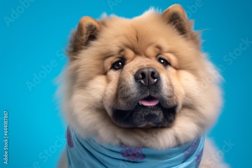 Group portrait photography of a cute chow chow dog wearing a cooling bandana against a soft blue background. With generative AI technology