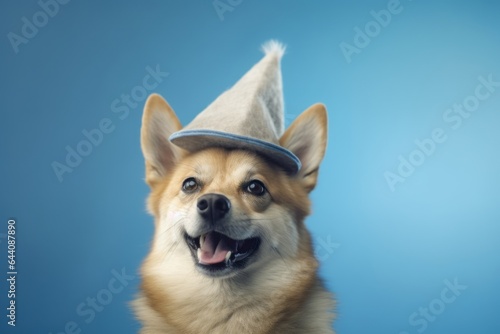 Medium shot portrait photography of a happy norwegian lundehund wearing a wizard hat against a soft blue background. With generative AI technology © Markus Schröder