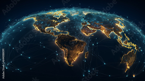 world map in the space, glowing dots, network and lines