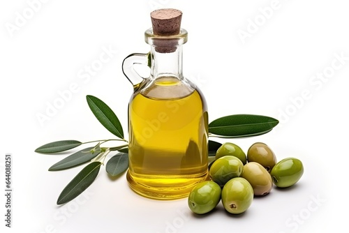 Mediterranean ingredient, olive oil in a green glass bottle – a healthy addition to cooking and salads.