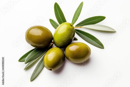 Fresh green olives, a healthy organic ingredient from the Mediterranean, with a shiny appearance and white background.