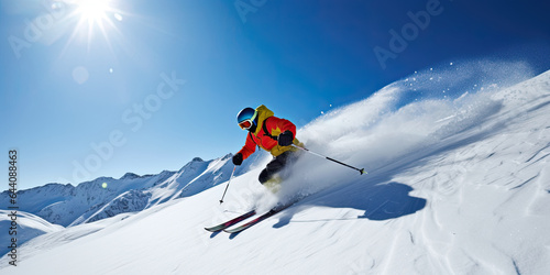 An action-packed winter skiing adventure as an adult skier races down a snowy mountain slope on a sunny day. © Andrii Zastrozhnov