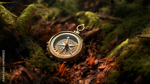 compass with a green leaf in the woods