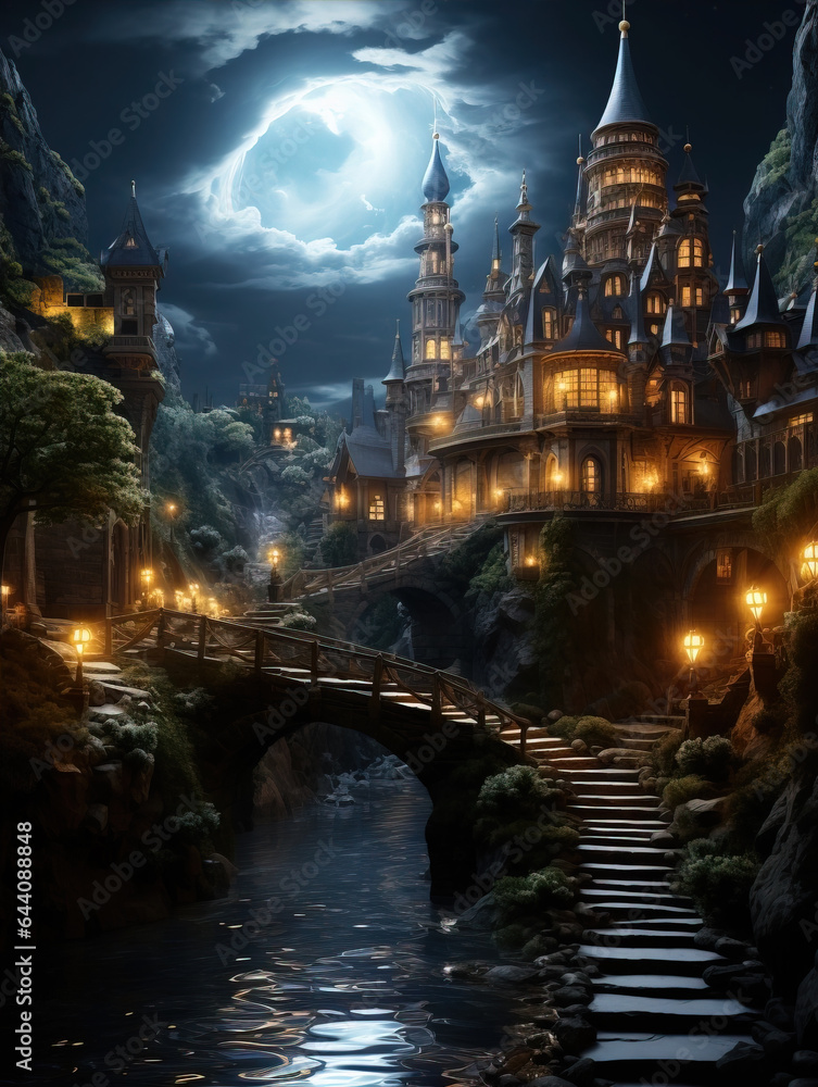 Obraz premium Ancient Castle Under Moonlight,created with generative ai tecnology.