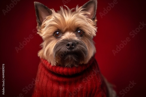 Medium shot portrait photography of a smiling cairn terrier wearing a cashmere sweater against a rich maroon background. With generative AI technology