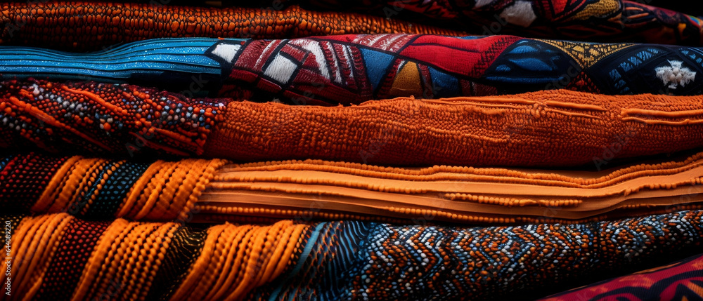 Kolorowe wzorzyste materiały na afrykańską sukienkę lub spodnicę - chitenge, kitenge. - obrazy, fototapety, plakaty 