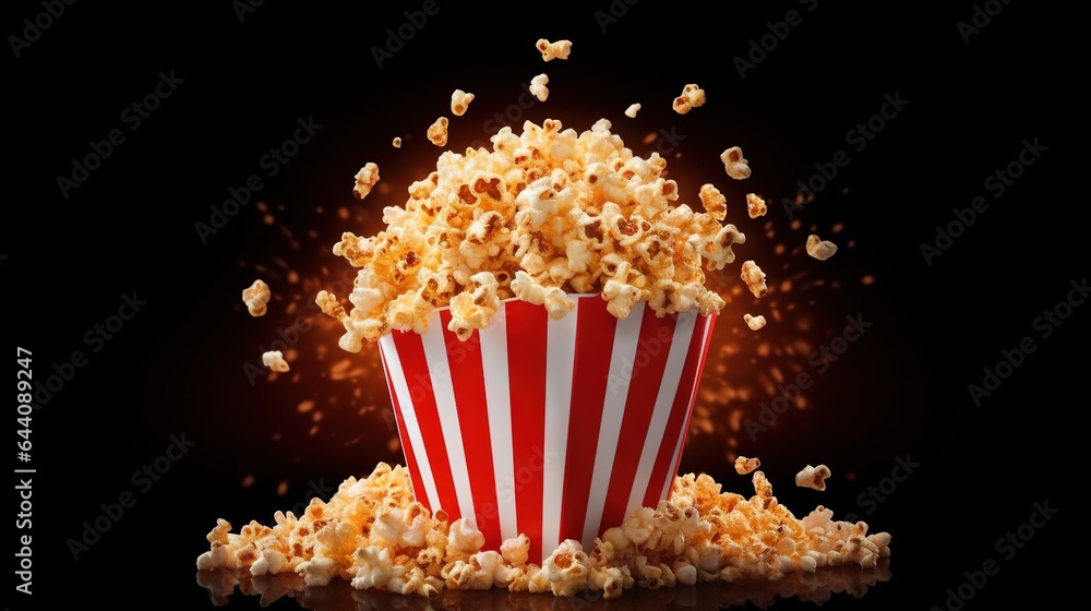 Red white popcorn bag with exploding popcorn in front of a dark background with popcorn scattered around. Movies, cinema, snacks, movie theater. Generative AI