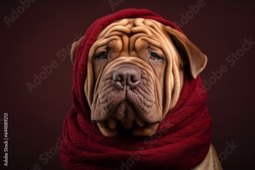 Medium shot portrait photography of a cute chinese shar pei dog wearing a warm scarf against a rich maroon background. With generative AI technology © Markus Schröder