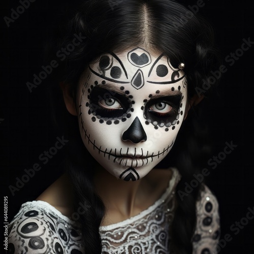 A woman wearing a black, skull-patterned masque stands amongst a chaotic day of the dead scene, her painted face a hauntingly beautiful doll-like horror