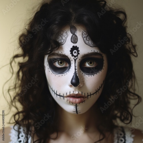 On a day of the dead celebration, a woman adorned in colorful clothing and a skull masque stands with a face painted half black and white, accentuated with bold lipstick and long eyelashes, conveying photo