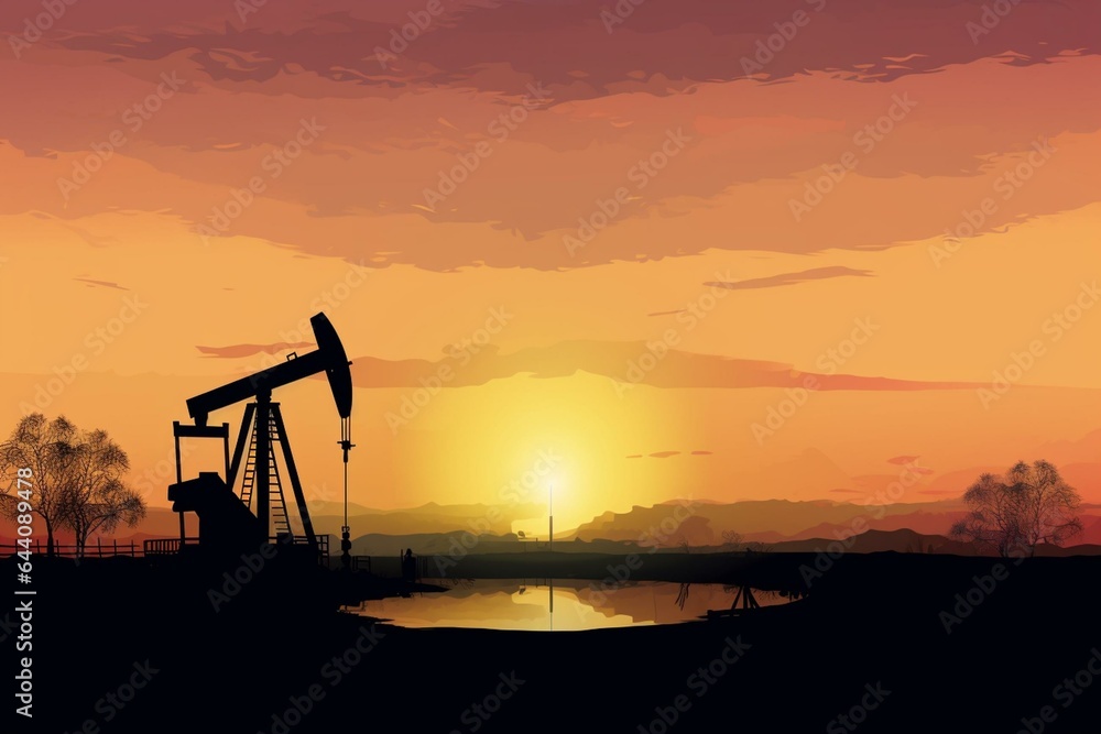 Illustration showing a shadowy profile of an oil well against a sunset backdrop. Generative AI
