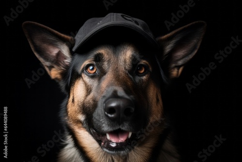 Close-up portrait photography of a happy german shepherd wearing a cool cap against a dark grey background. With generative AI technology © Markus Schröder