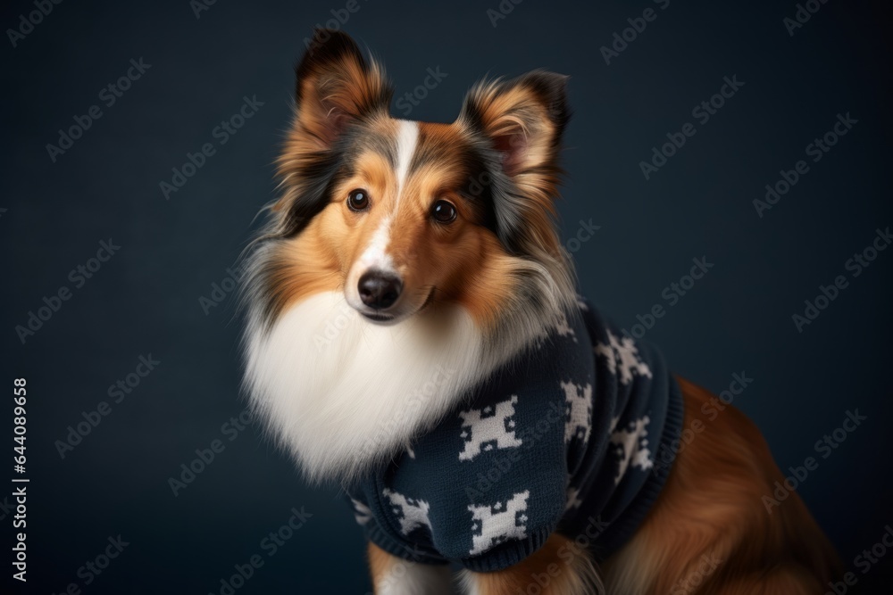 Lifestyle portrait photography of a funny shetland sheepdog wearing a festive sweater against a dark grey background. With generative AI technology