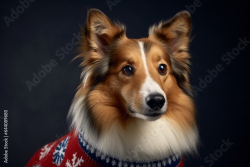 Lifestyle portrait photography of a funny shetland sheepdog wearing a festive sweater against a dark grey background. With generative AI technology © Markus Schröder