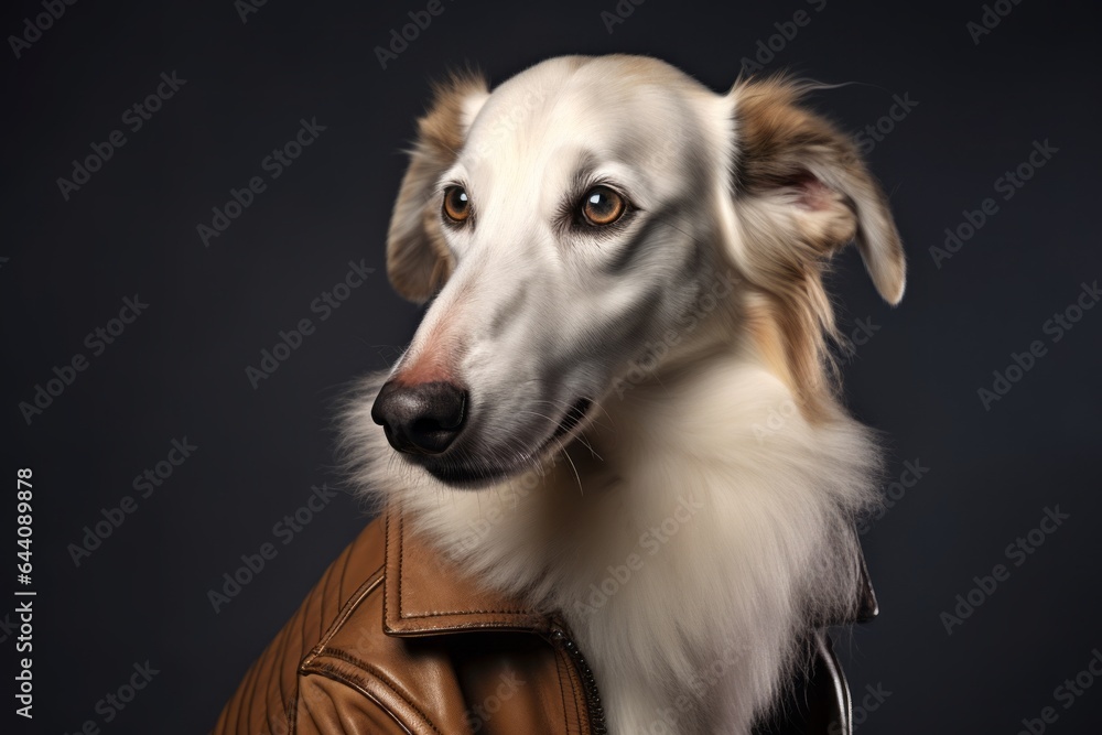 Medium shot portrait photography of a bored borzoi wearing a leather jacket against a dark grey background. With generative AI technology Medium shot portrait photography of a bored borzoi wearing a leather jacket against a dark grey background. With generative AI technology