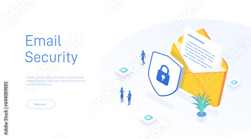 Email service security concept. Creative vector isometric illustration. Electronic mail message as part of business marketing. Webmail or mobile service layout for website landing page.