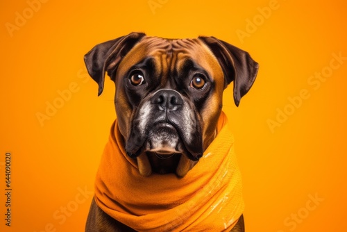 Medium shot portrait photography of a funny boxer dog wearing an anxiety wrap against a tangerine orange background. With generative AI technology © Markus Schröder