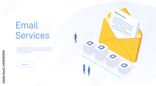 Isometric Email services concept. Data analysis, checking email. Computer monitor 3d isometric design. Technology in isometric design. Vector illustration. photo