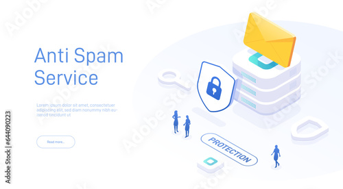 Email service security concept. Creative vector isometric illustration. Electronic mail message as part of business marketing. Webmail or mobile service layout for website landing page.