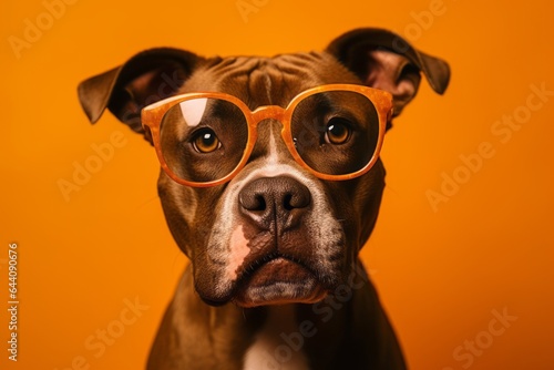 Close-up portrait photography of a cute staffordshire bull terrier wearing a hipster glasses against a tangerine orange background. With generative AI technology © Markus Schröder