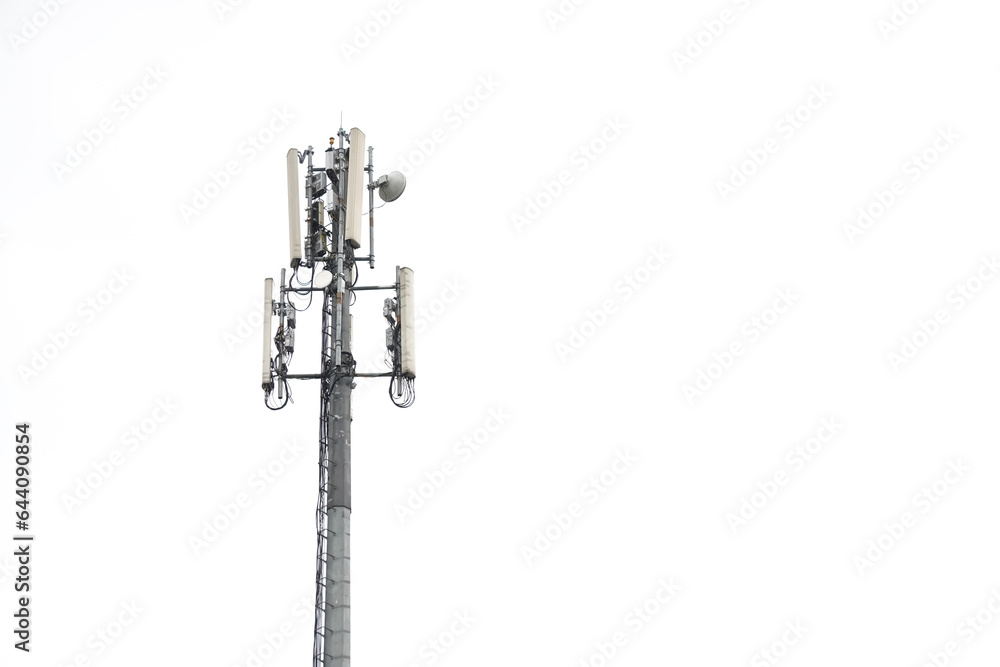 Telecommunication towers include of radio microwave and television antenna system with cloud blue sky and sun ray. Antenna tower, low angle view. Empty blank copy text space. Telecommunication towers include of radio microwave and television antenna system with cloud blue sky and sun ray. Antenna tower, low angle view. Empty blank copy text space.