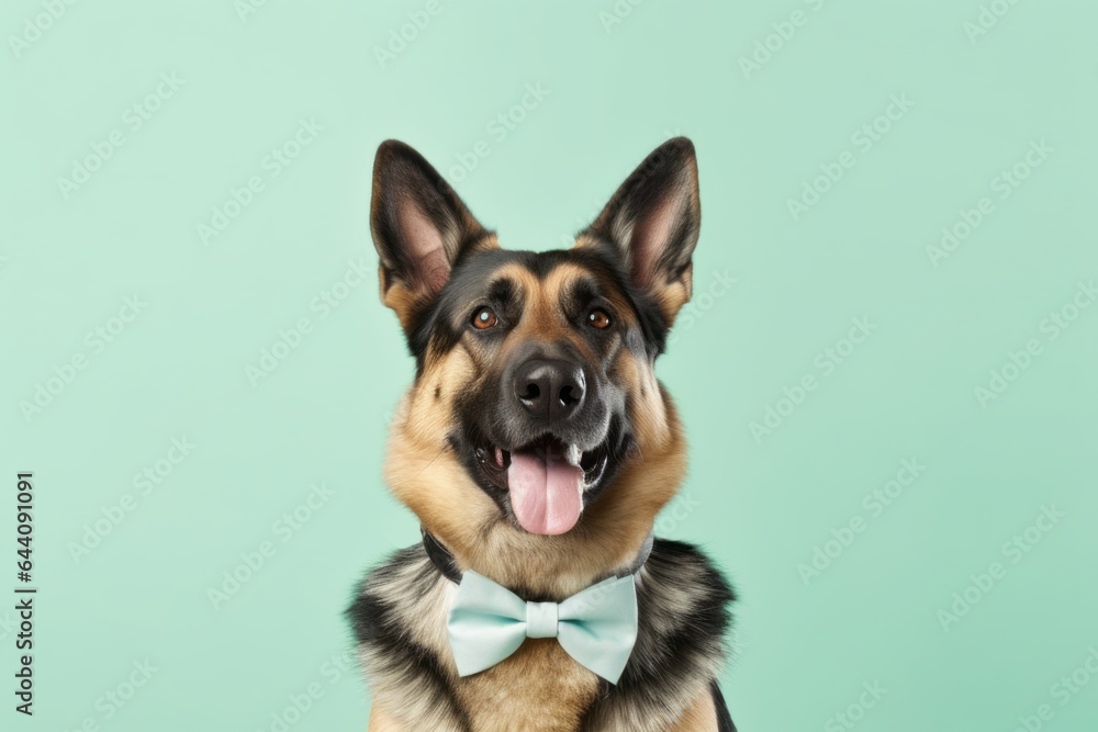 Studio portrait photography of a happy german shepherd wearing a tuxedo against a pastel green background. With generative AI technology Studio portrait photography of a happy german shepherd wearing a tuxedo against a pastel green background. With generative AI technology