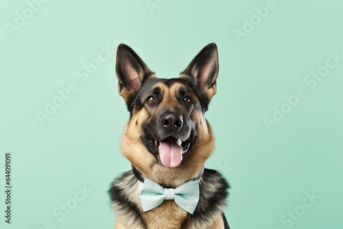 Studio portrait photography of a happy german shepherd wearing a tuxedo against a pastel green background. With generative AI technology