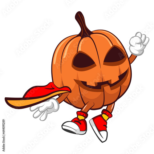 Vector mascot, cartoon and illustration of a halloween pumpkin being a powerful superhero flying with a cape