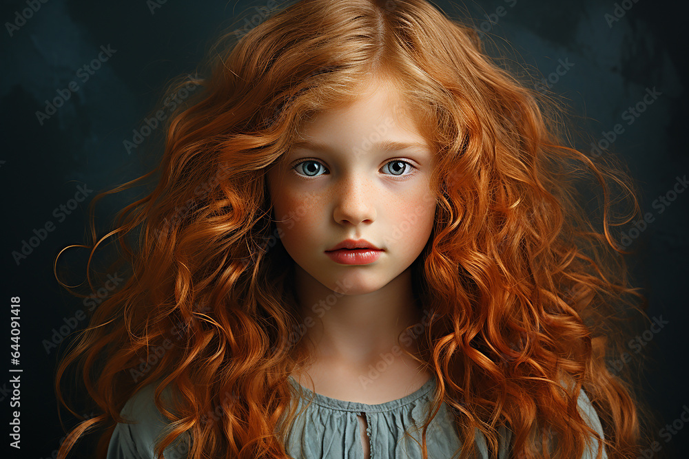 Studio portrait of cutle little curly ginger girl on different colours background Studio portrait of cutle little curly ginger girl on different colours background
