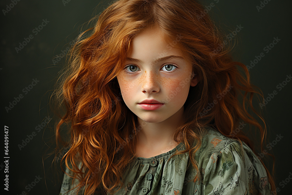 Studio portrait of cutle little curly ginger girl on different colours background Studio portrait of cutle little curly ginger girl on different colours background