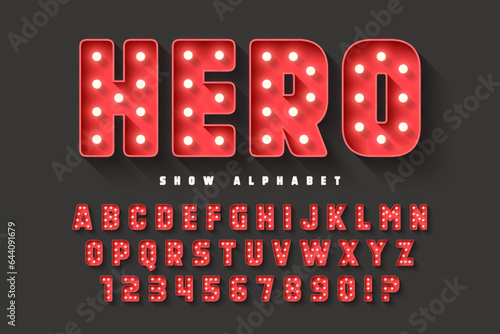 Retro cinema alphabet design, cabaret, LED lamps letters and numbers.
