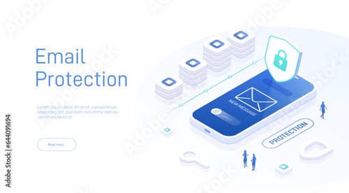 Email service security concept. Creative vector isometric illustration. Electronic mail message as part of business marketing. Webmail or mobile service layout for website landing page.